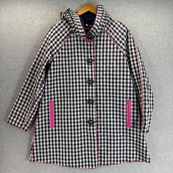 Ubu Womens‎ Size Small Gingham Hood Coat Jacket Navy Blue White Pink Reversible - Picture 1 of 16